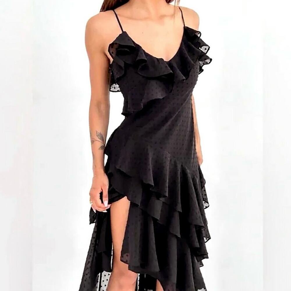 NEW Rumored Dot Ruffle Tiered Cha Cha Midi Dress in Black Women's Small $128 - Picture 2 of 12
